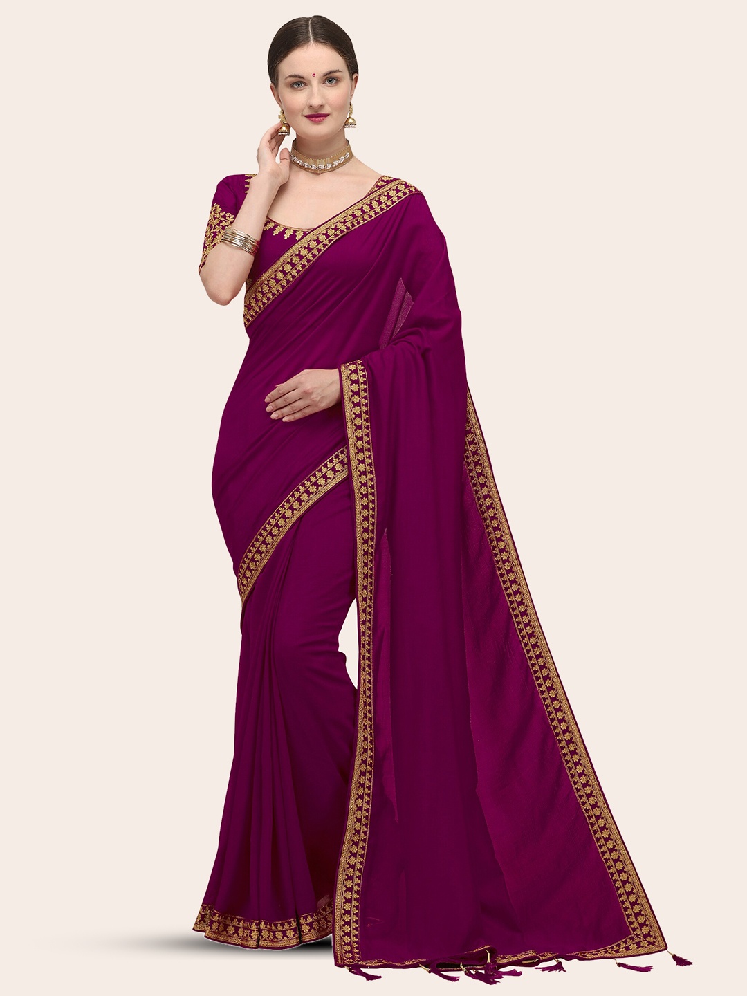 

ORUS Embroidered Border Silk Blend Saree, Purple