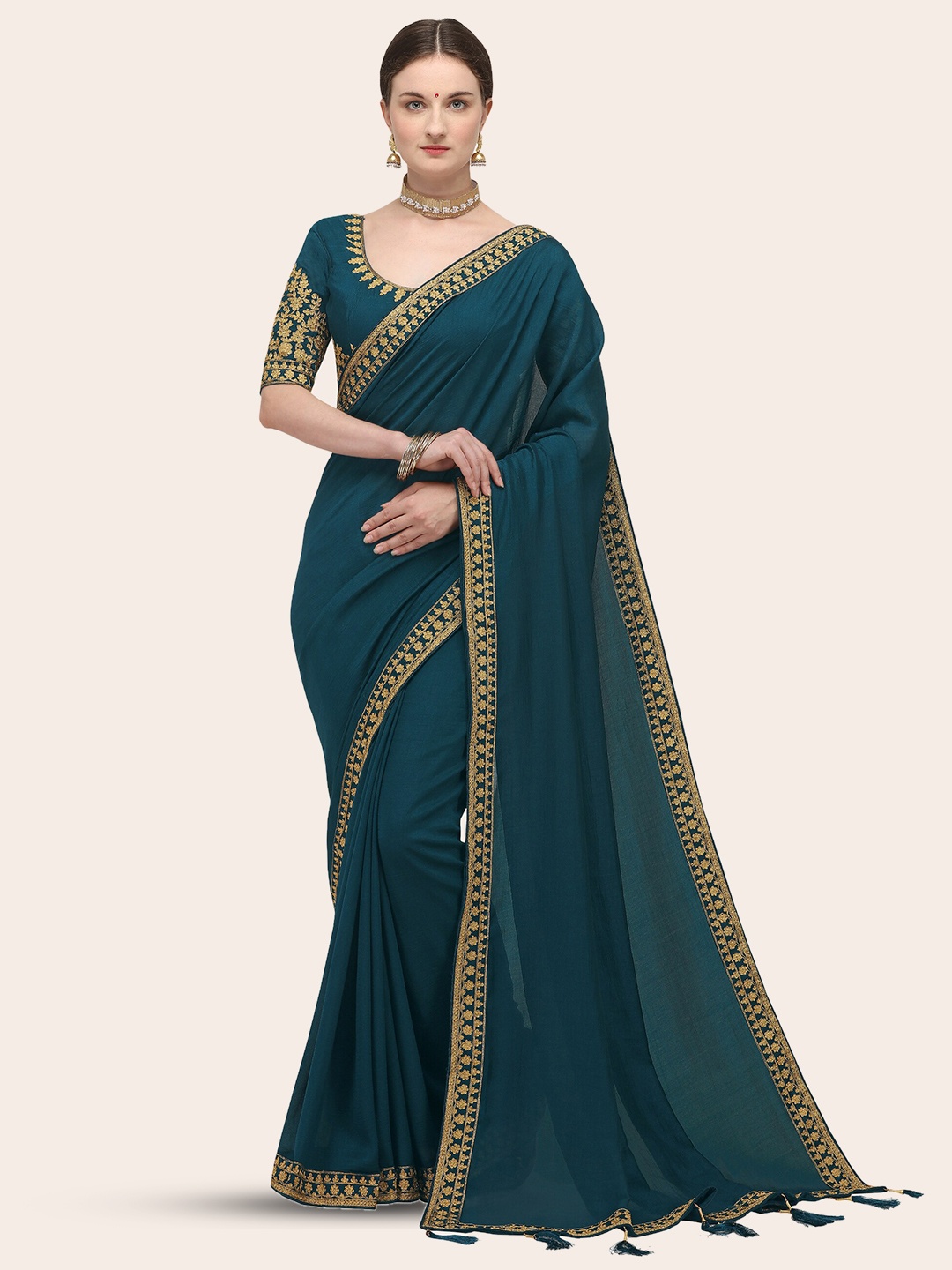 

ORUS Embroidered Border Silk Blend Saree, Teal