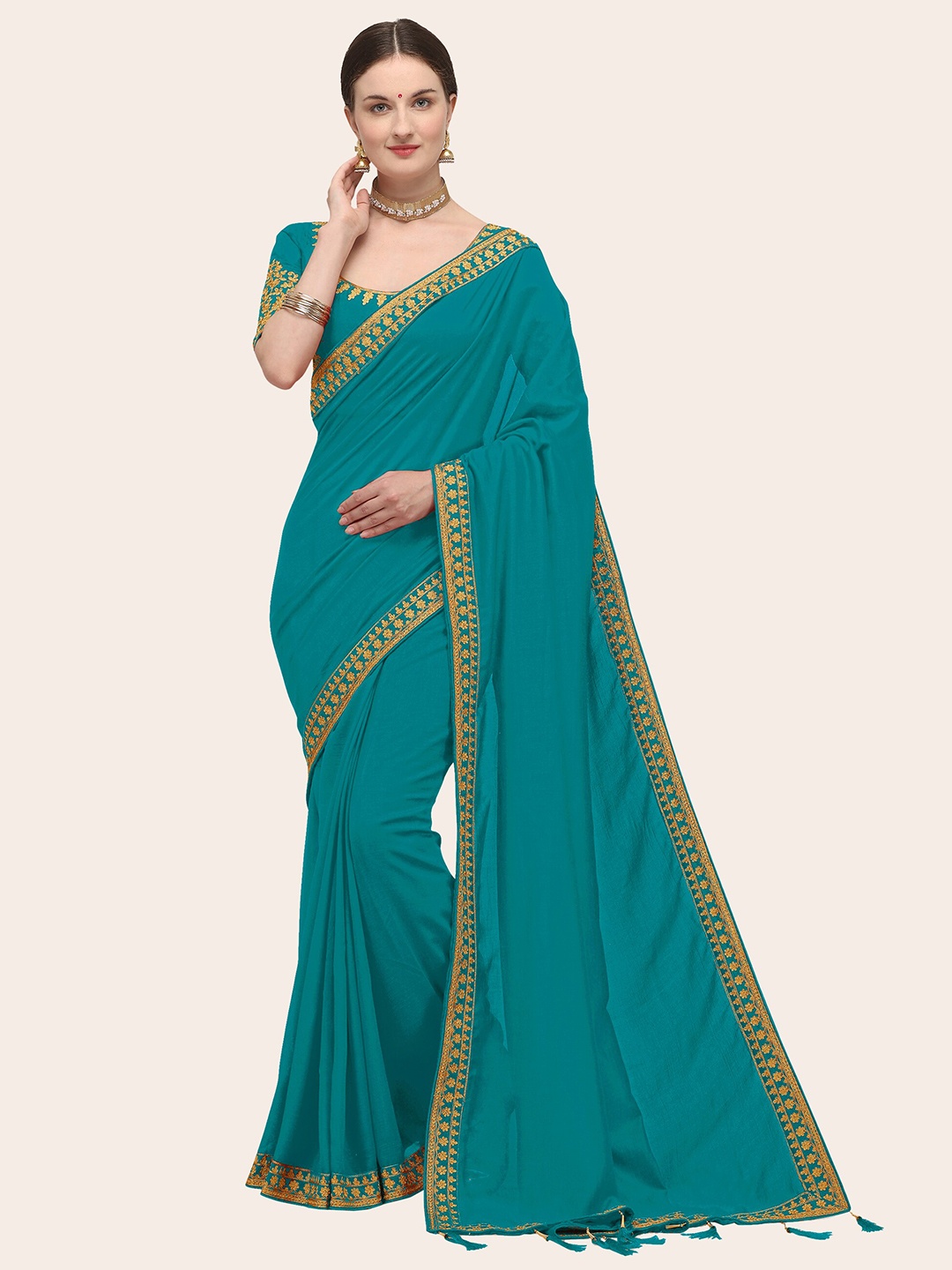 

ORUS Embroidered Border Silk Blend Saree, Turquoise blue