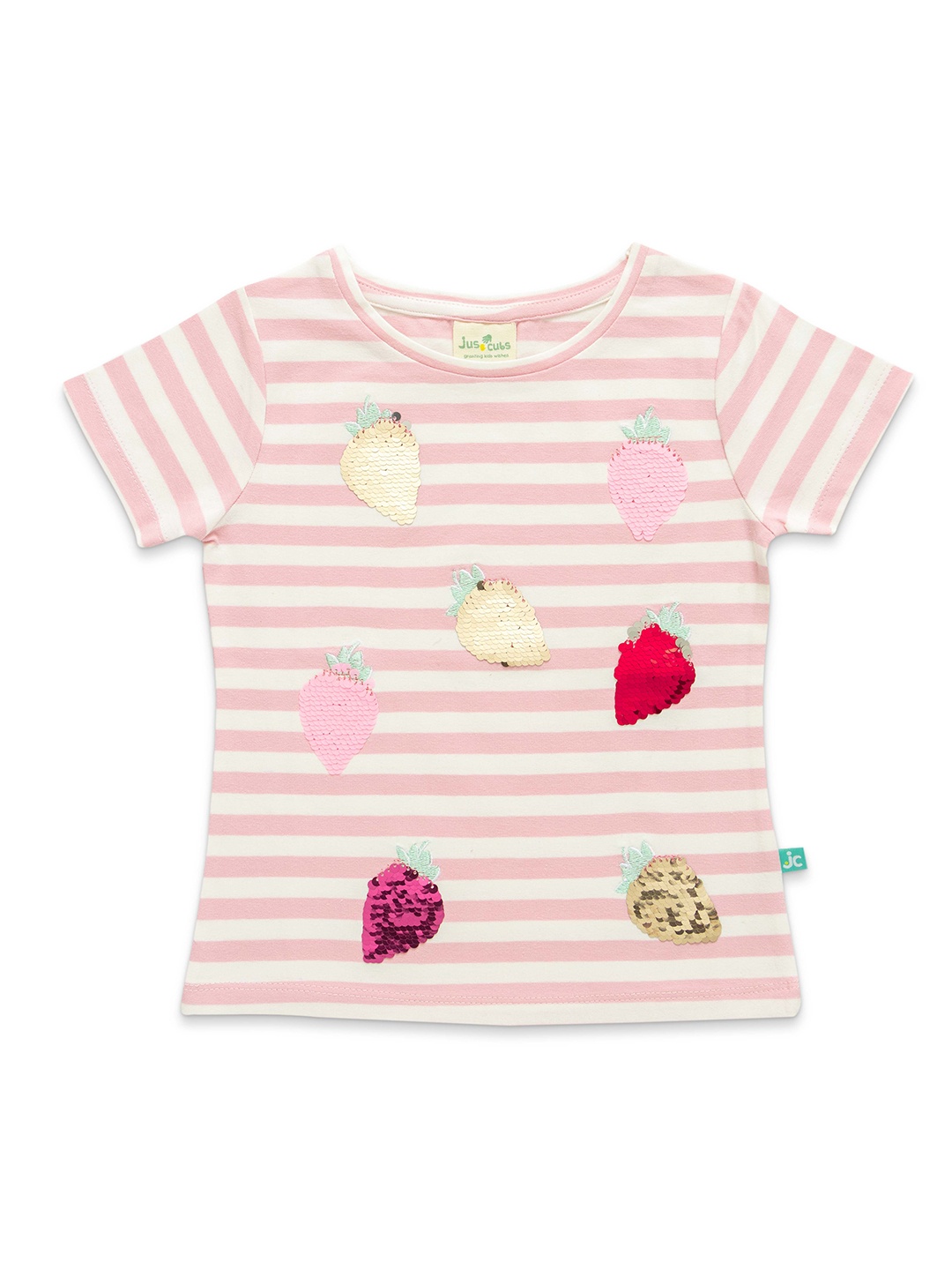 

JusCubs Girls Round Neck Striped Cotton T-shirt, Pink