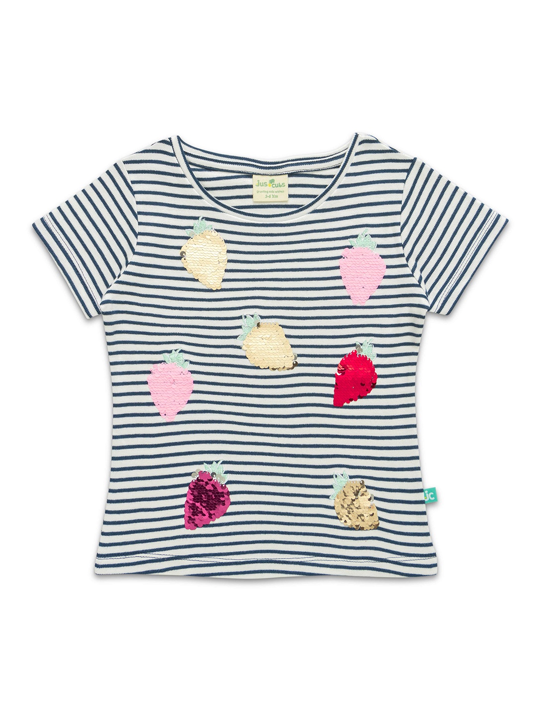 

JusCubs Girls Striped Sequinned Cotton T-shirt, Navy blue