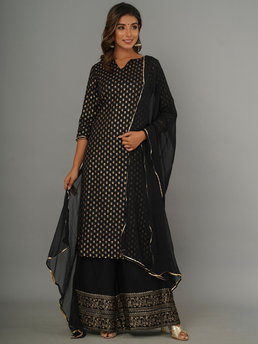 

CRAFTED FOR YOU Floral Printed Notched Neck Gotta Patti Kurta With Palazzos & Dupatta, Black