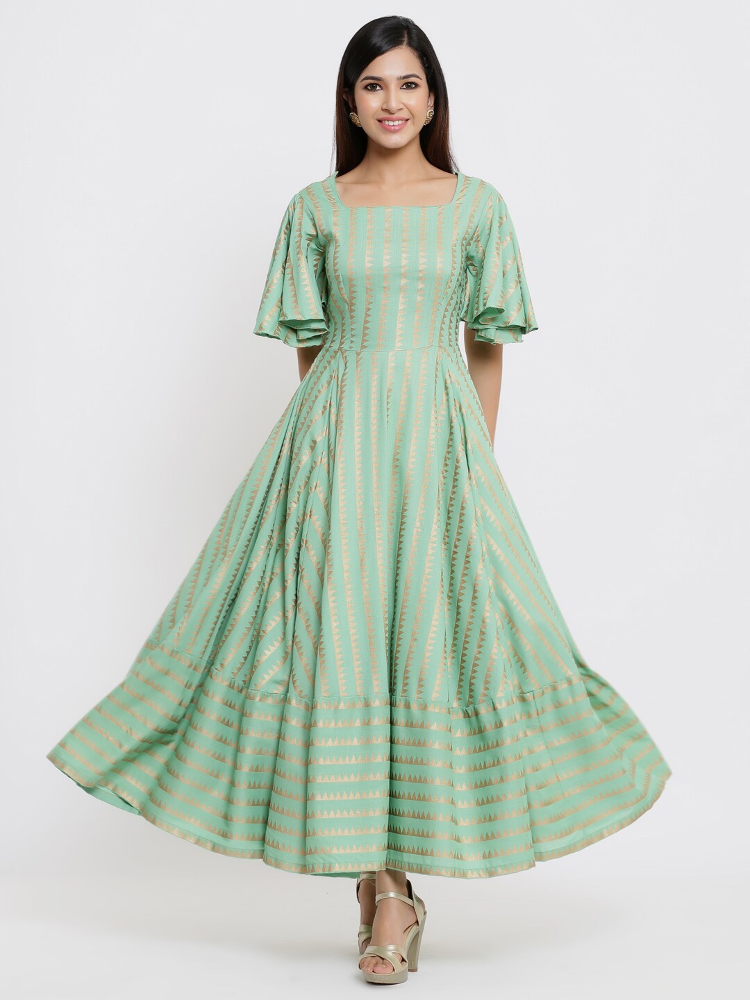 

Indian Virasat Geometric Printed Bell Sleeves Cotton Maxi Ethnic Dress, Green