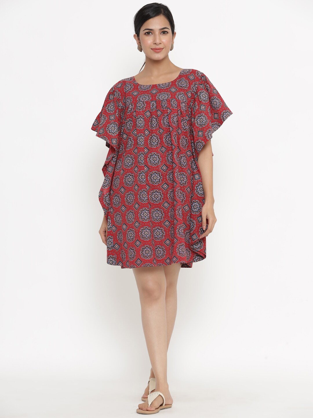 

Indian Virasat Round Neck Ethnic Motifs Printed Cotton Kaftan Dress, Red