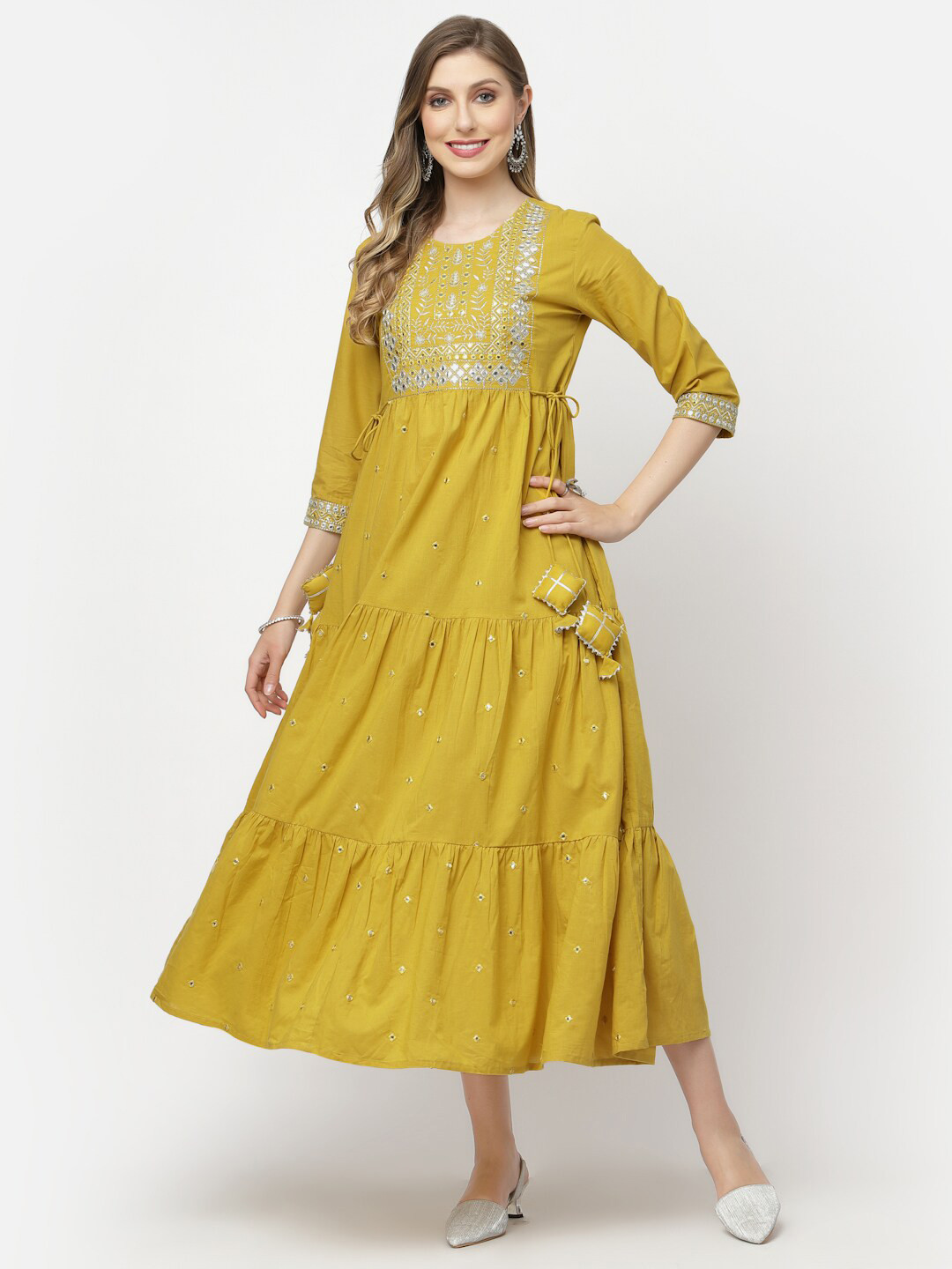 

YELLOW CLOUD Round Neck Floral Embroidered Tiered Mirror Work Cotton A-Line Ethnic Dress, Mustard