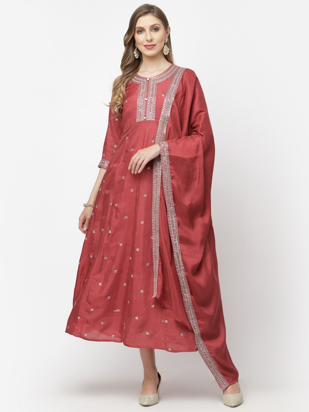 

YELLOW CLOUD Floral Embroidered Fit & Flare Ethnic Dress With Dupatta, Rust