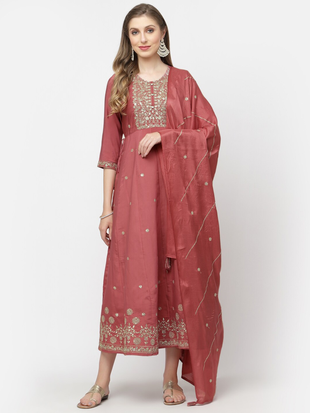 

YELLOW CLOUD Floral Embroidered Cotton Anarkali Kurta With Dupatta, Tan
