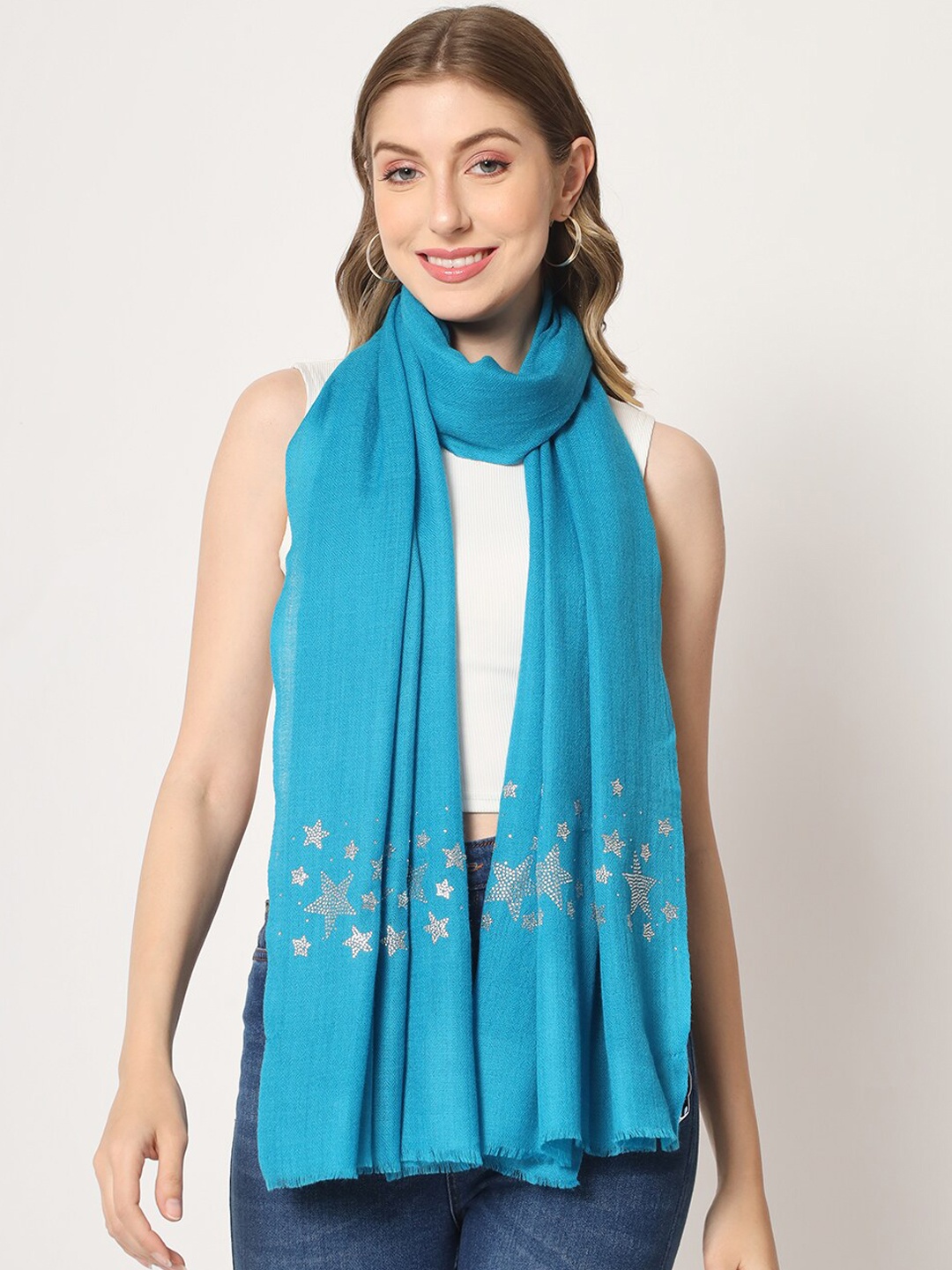 

MODARTA Printed Swarovski Stars Pure Wool Shawl, Turquoise blue