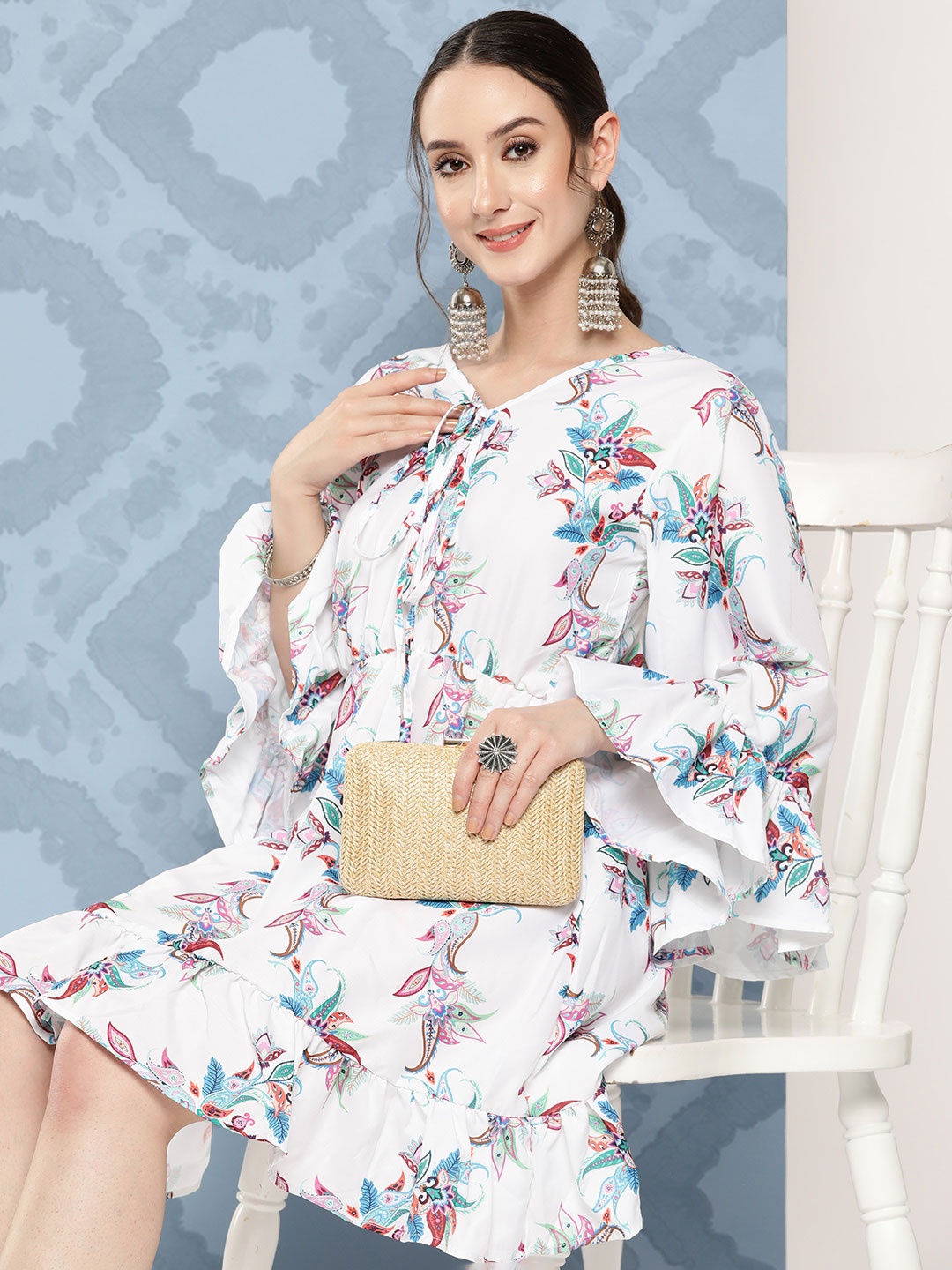 

InWeave Floral Printed Tie-Up Neck Bell Sleeve A-Line Dress, White