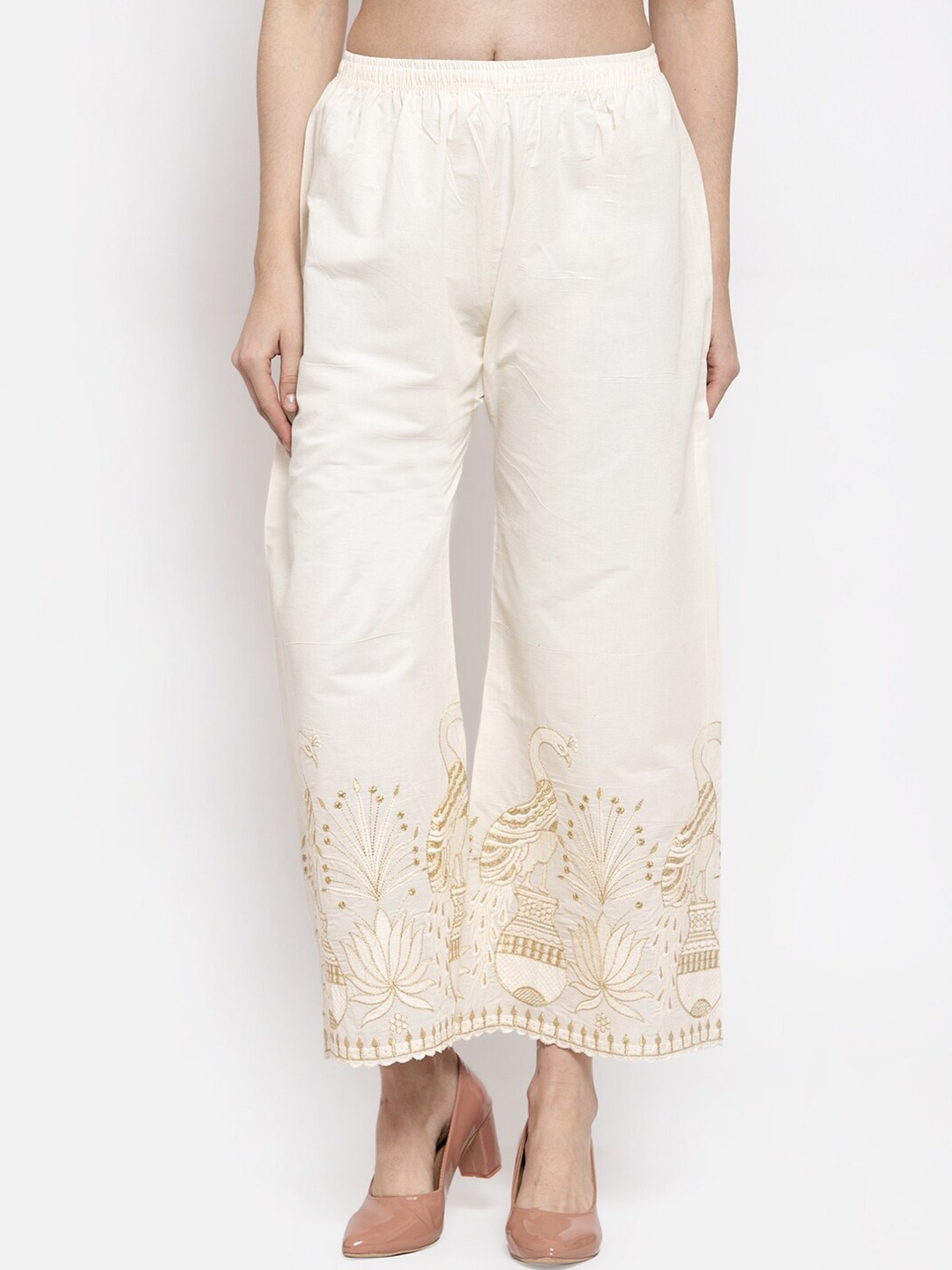 

Miaz Lifestyle Women Ethnic Motifs Embroidered Slip-On Straight Fit Palazzos, Off white