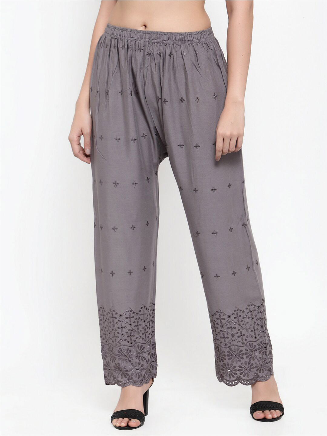 

Miaz Lifestyle Women Ethnic Motifs Embroidered Flared Palazzos, Grey
