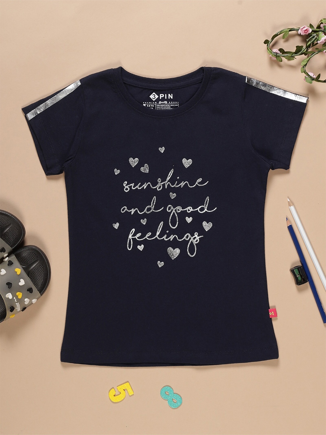 

3PIN Girls Typography Printed Cotton T-shirt, Navy blue