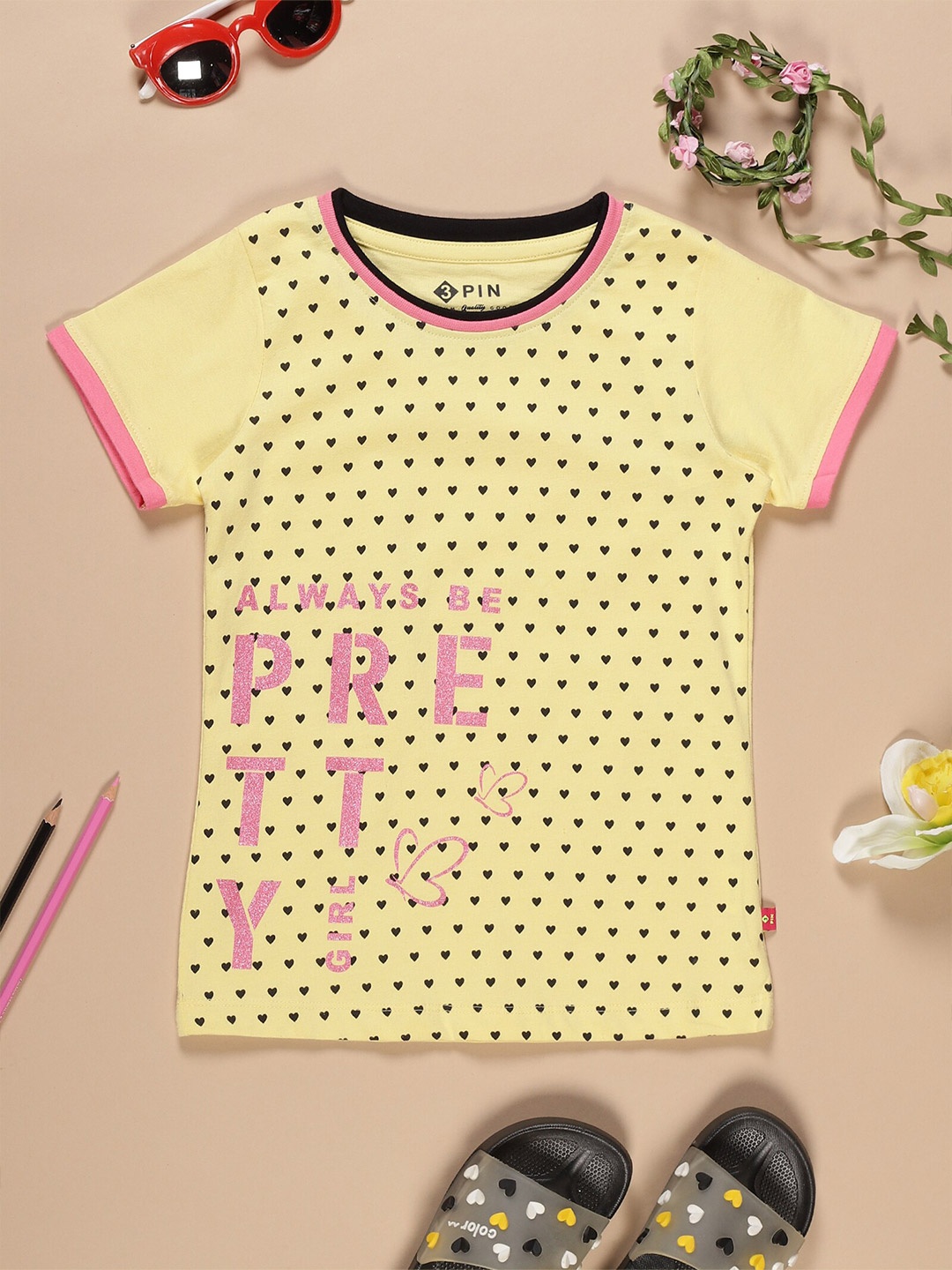 

3PIN Girls Polka Dots Printed Cotton T-shirt, Yellow