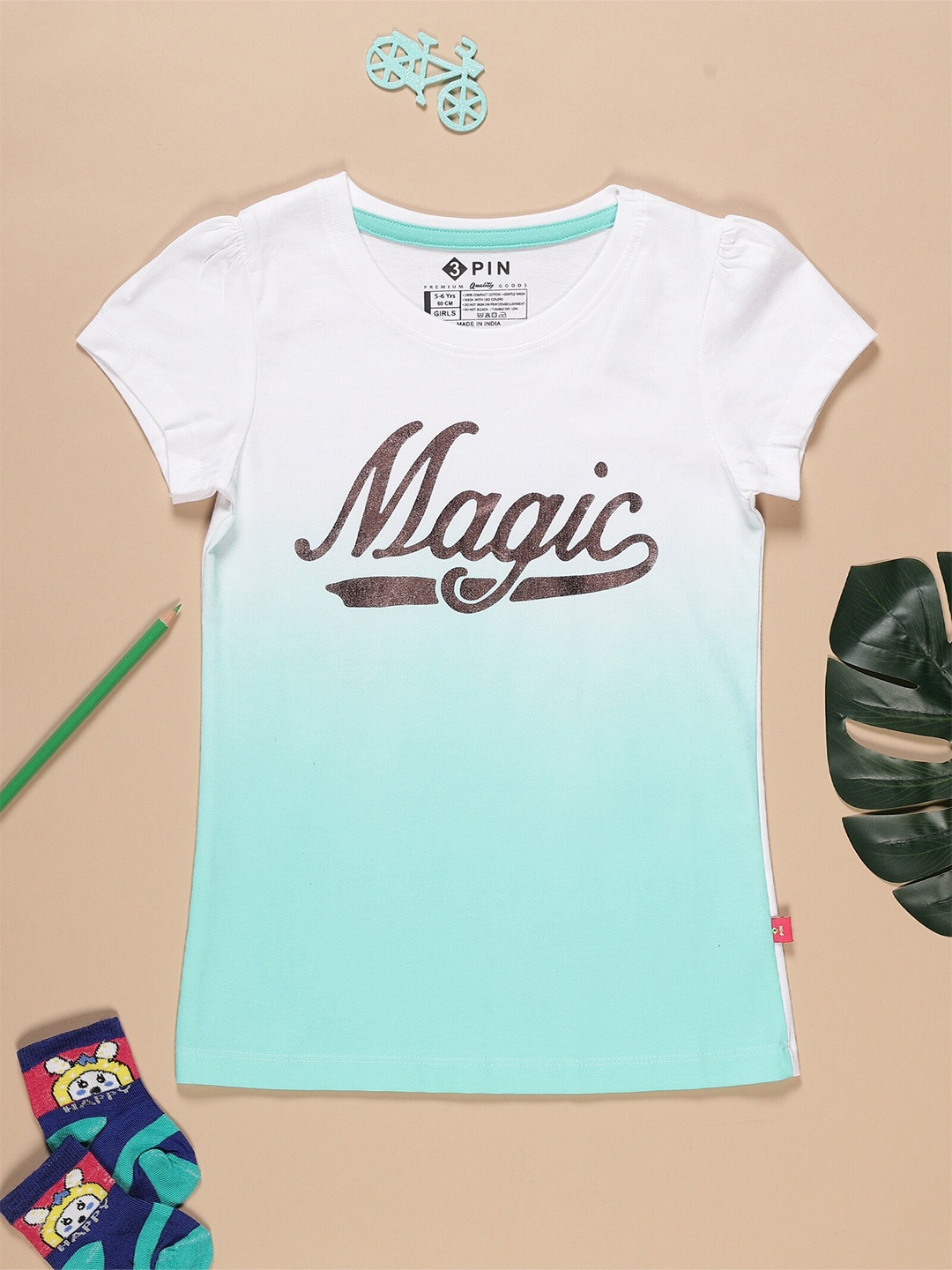 3PIN Girls Typography Printed Puffed Sleeves Cotton T-shirt, White