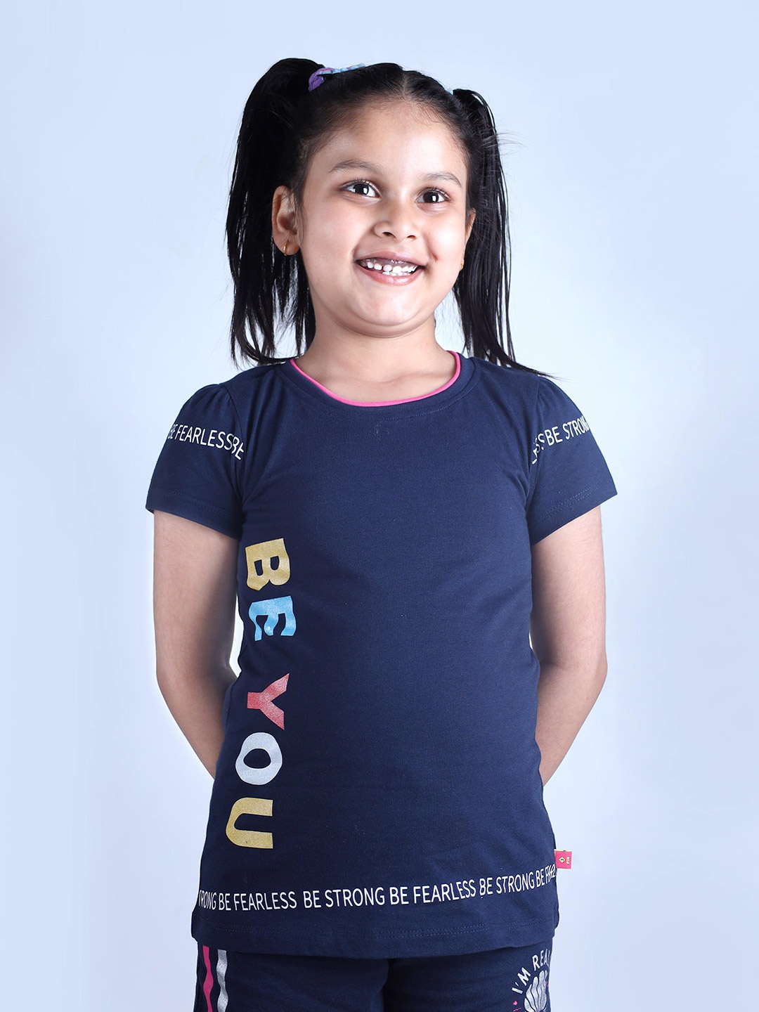 

3PIN Girls Typography Printed Cotton T-shirt, Navy blue