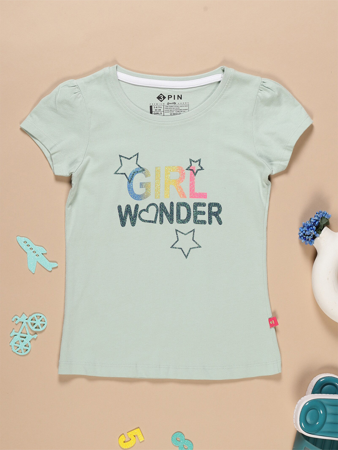 

3PIN Girls Typography Printed Puffed Sleeves Cotton T-shirt, Green