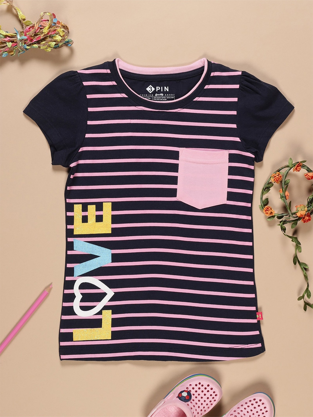 

3PIN Girls Horizontal Striped Cotton T-shirt, Navy blue