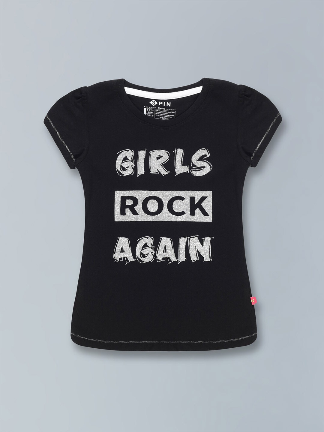

3PIN Girls Typography Printed Cotton T-shirt, Black
