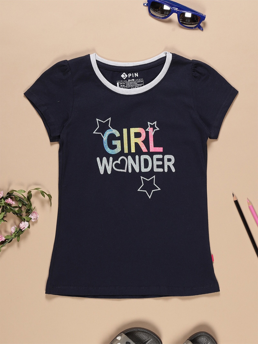 

3PIN Girls Typography Printed Cotton T-shirt, Navy blue