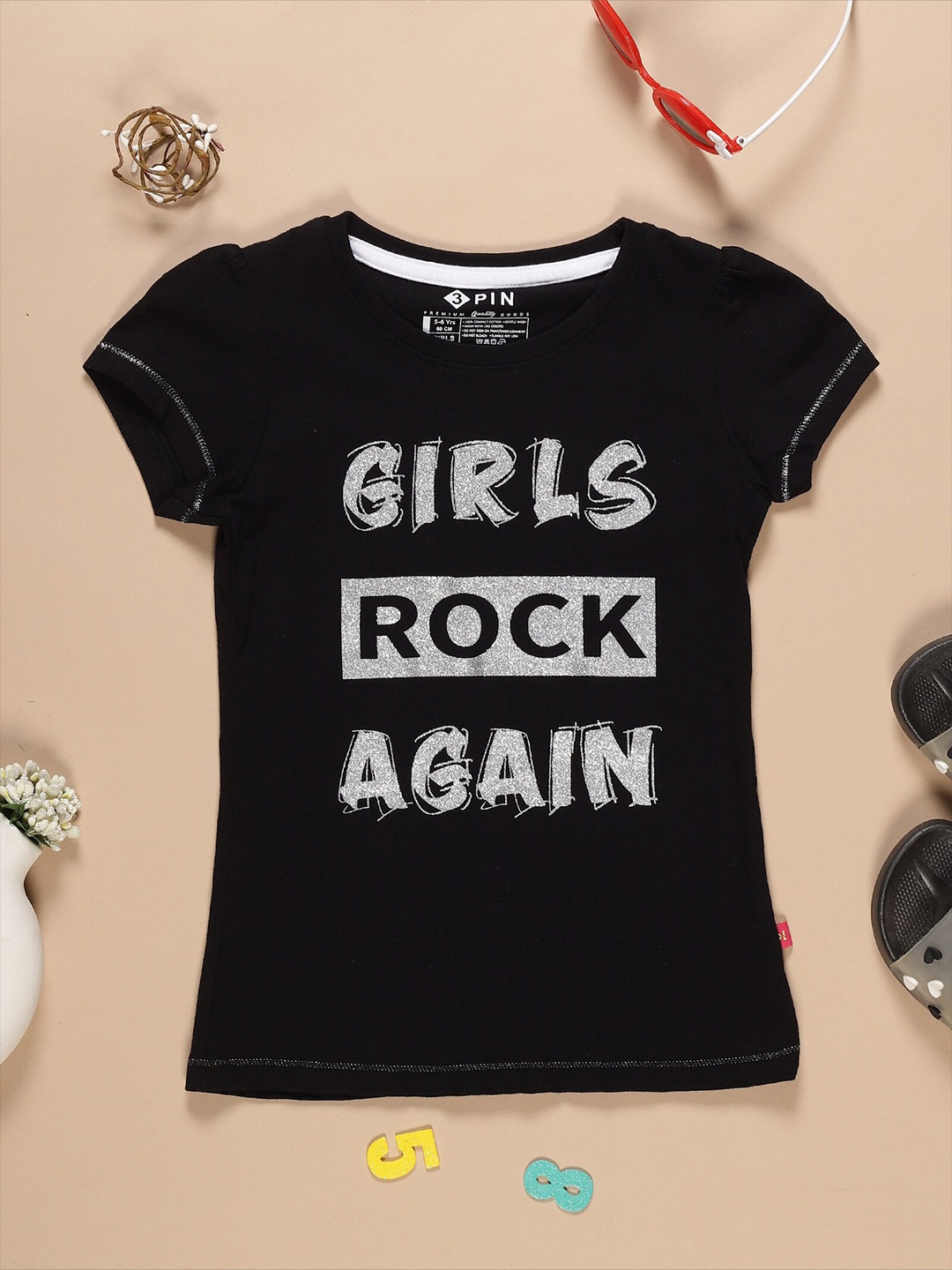 

3PIN Girls Typography Printed Cotton T-shirt, Black