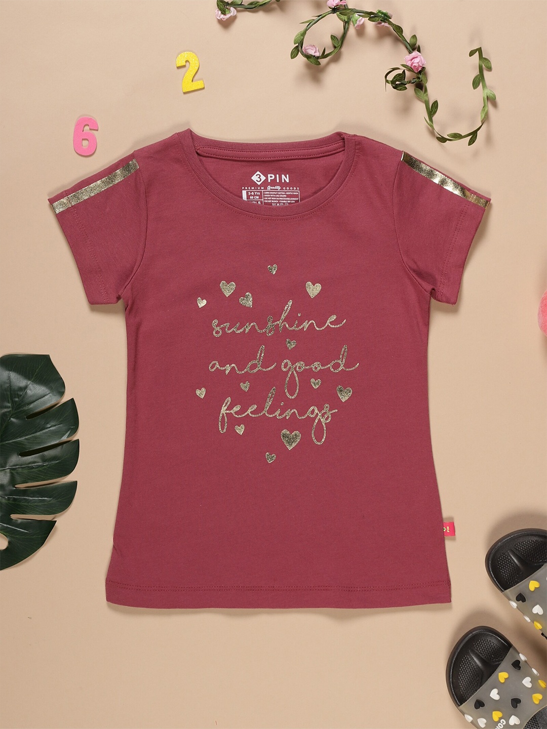 

3PIN Girls Typography Printed Cotton T-shirt, Rust