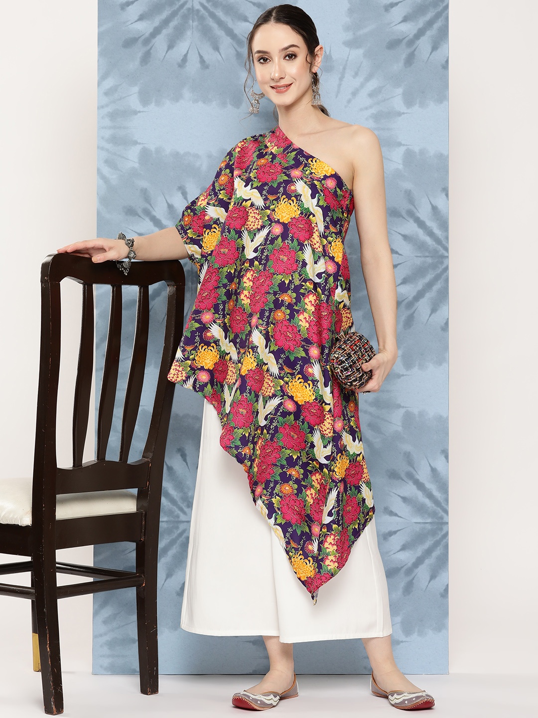 

InWeave Floral Print One Shoulder Batwing Sleeve Crepe Longline Top, Navy blue