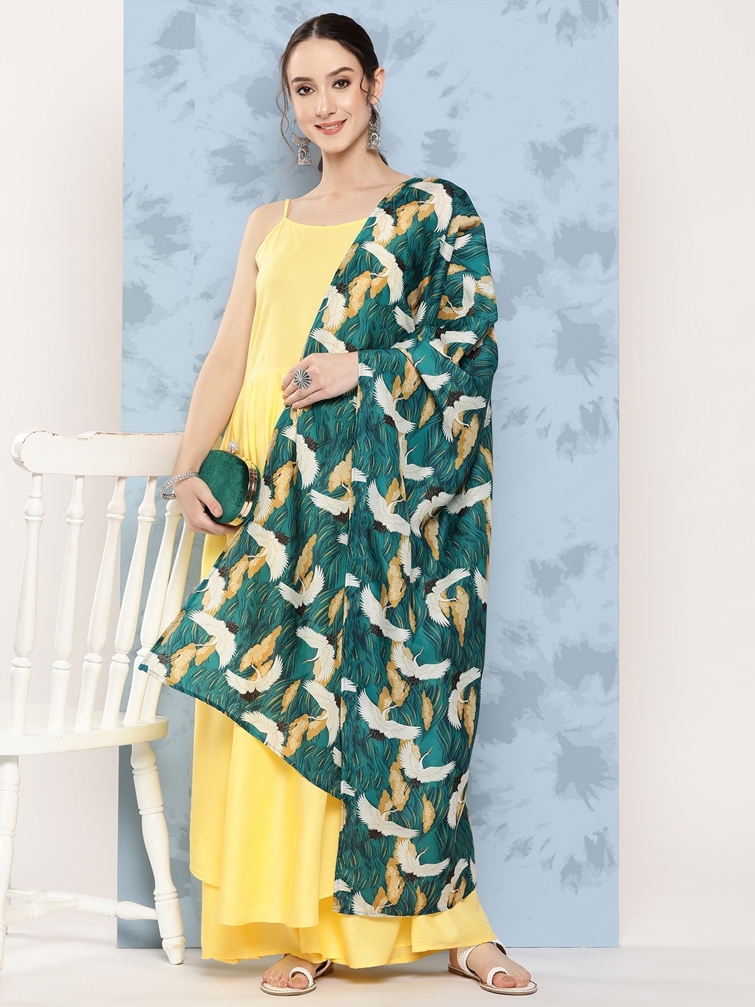 

InWeave Pleated Kurta With Palazzos & Dupatta, Yellow