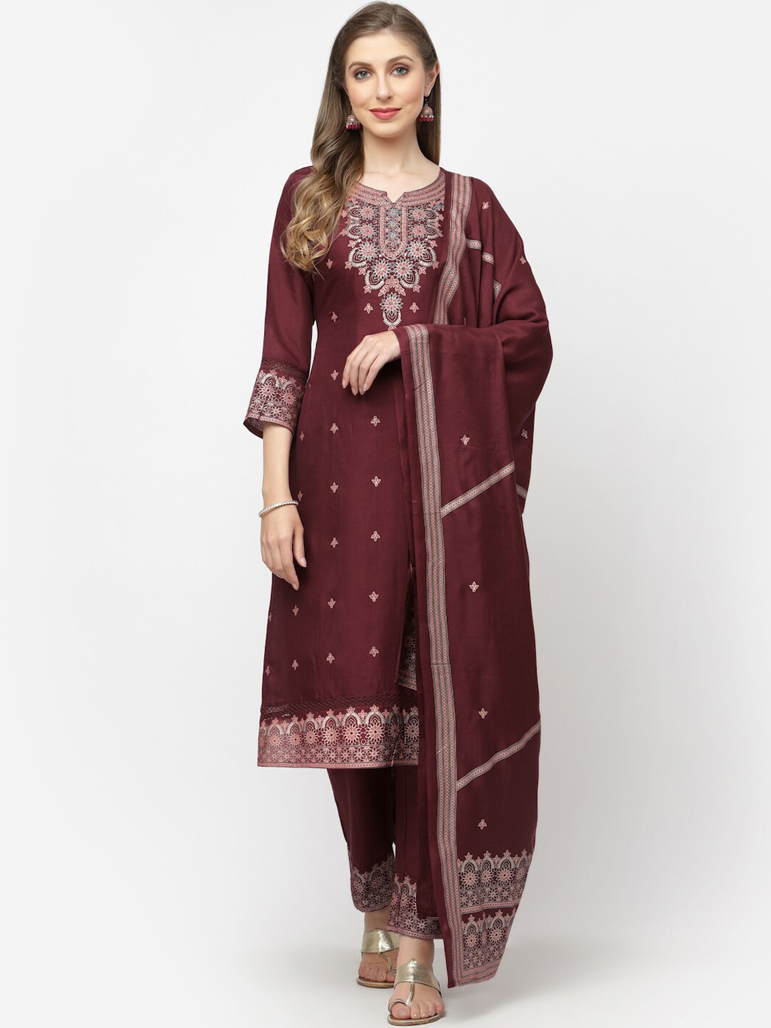

YELLOW CLOUD Ethnic Motifs Printed Pure Silk Kurta with Trousers & With Dupatta, Burgundy