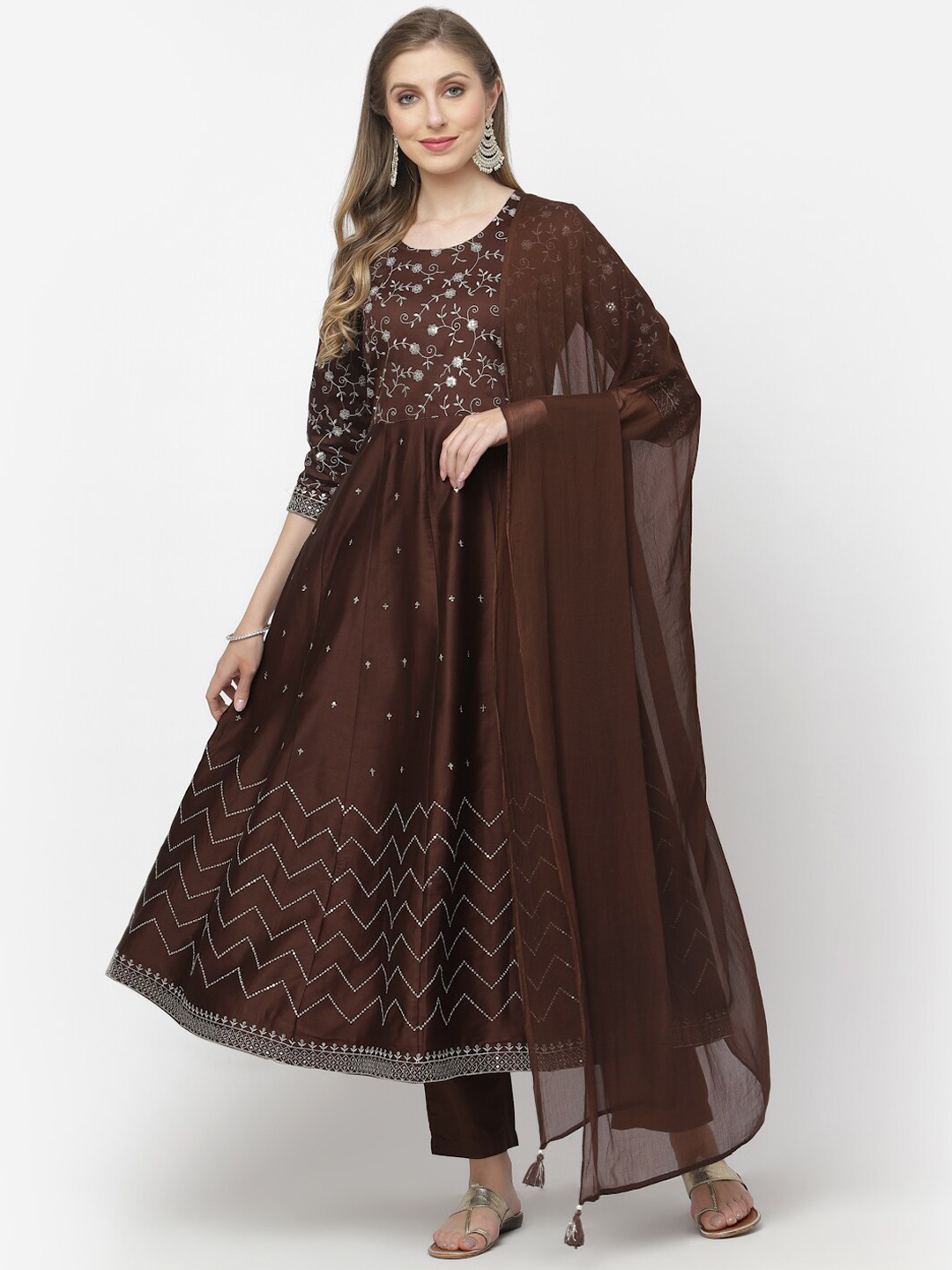 

YELLOW CLOUD Ethnic Motifs Embroidered Pure Cotton Kurta with Trousers & With Dupatta, Brown