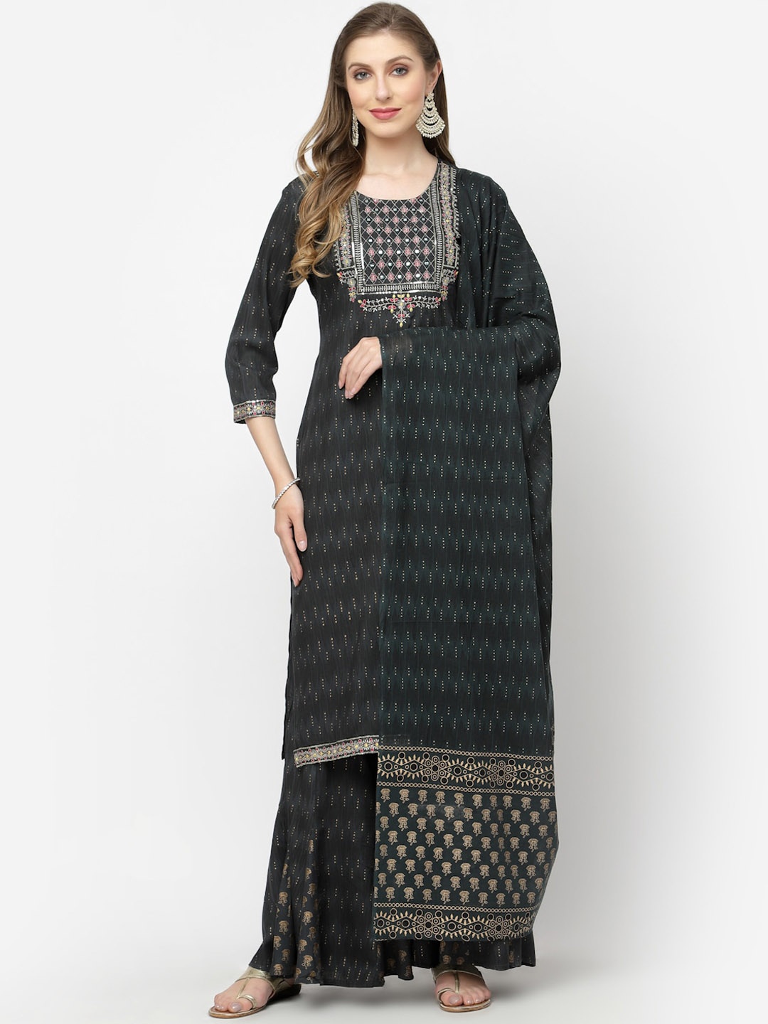 

YELLOW CLOUD Ethnic Motifs Embroidered Mirror Work Kurta with Sharara & With Dupatta, Grey