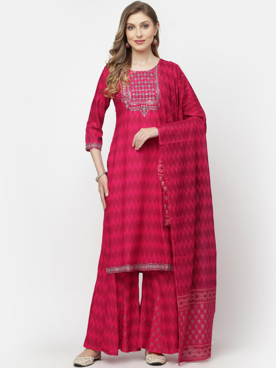 

YELLOW CLOUD Ethnic Motifs Embroidered Kurta with Sharara & With Dupatta, Pink
