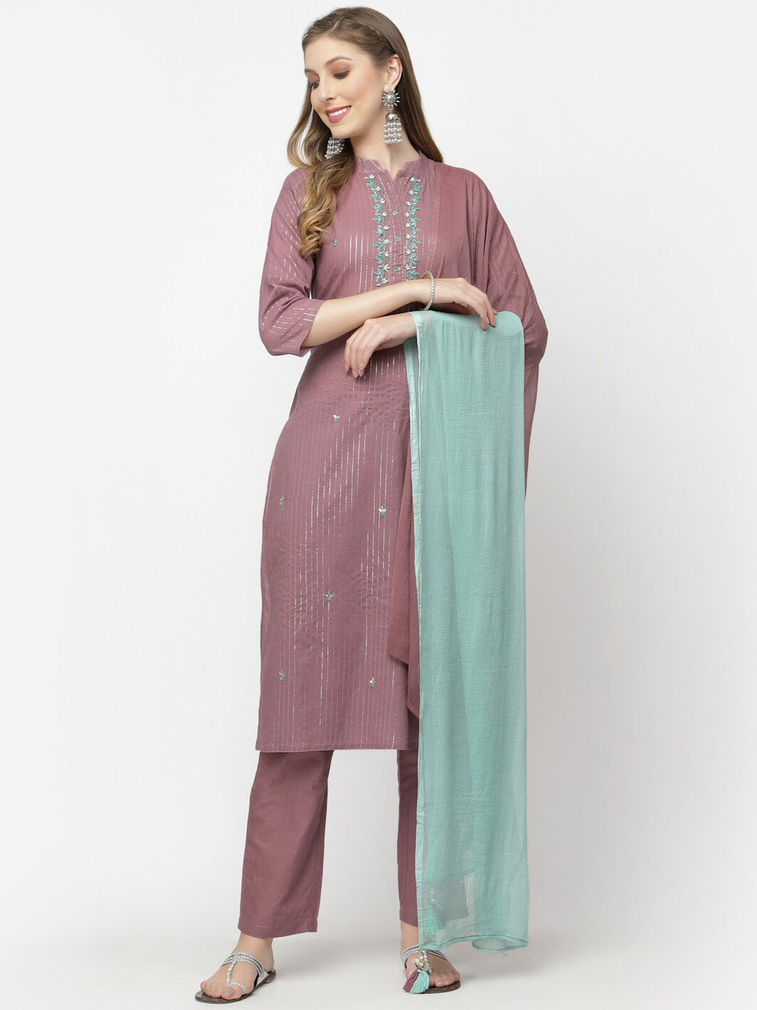 

YELLOW CLOUD Striped Beads and Stones Pure Cotton Kurta with Trousers & With Dupatta, Lavender