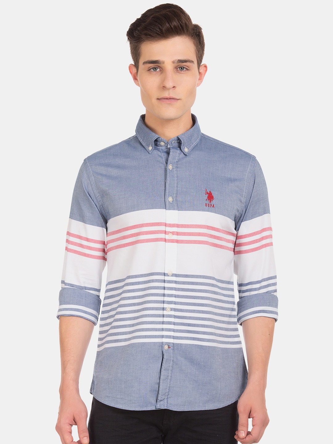 

U.S. Polo Assn. Men Blue & White Regular Fit Striped Casual Shirt