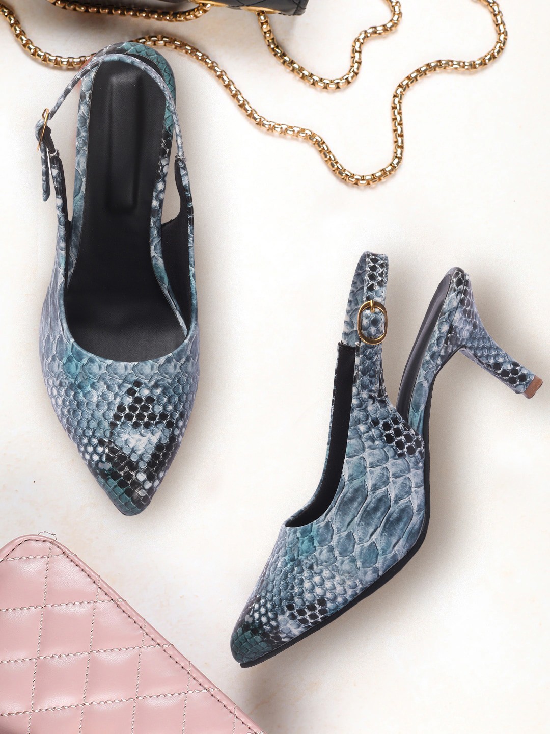 

FASHIMO Printed Kitten Heels Mules, Blue