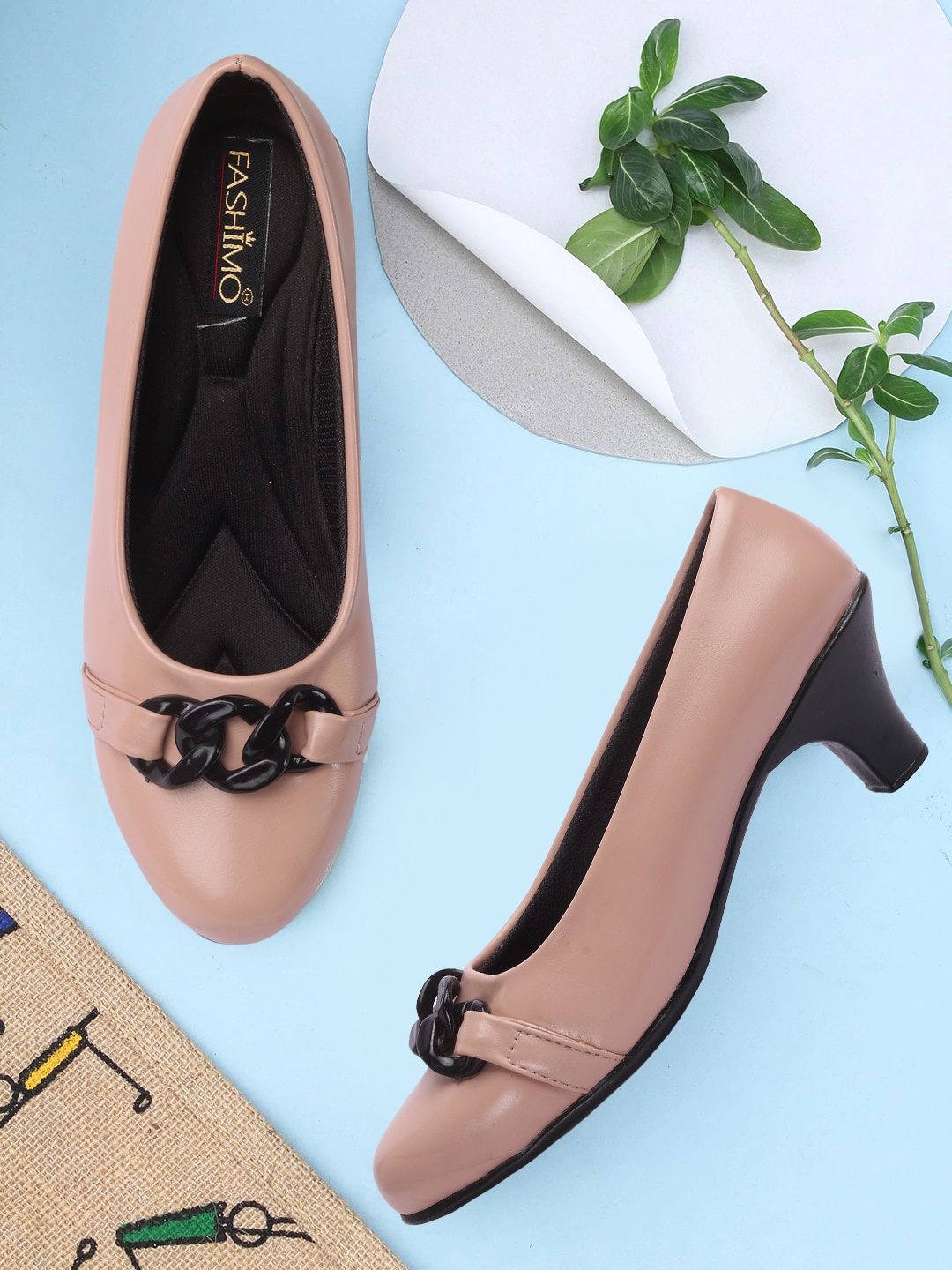 

FASHIMO Embellished Kitten Heel Pumps, Peach