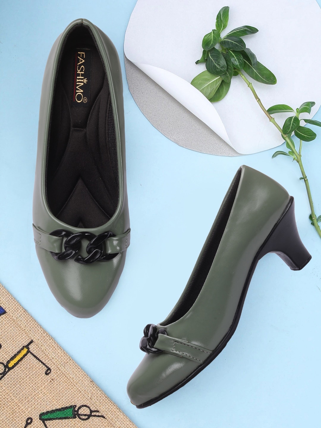 

FASHIMO Embellished Kitten Heel Pumps, Olive