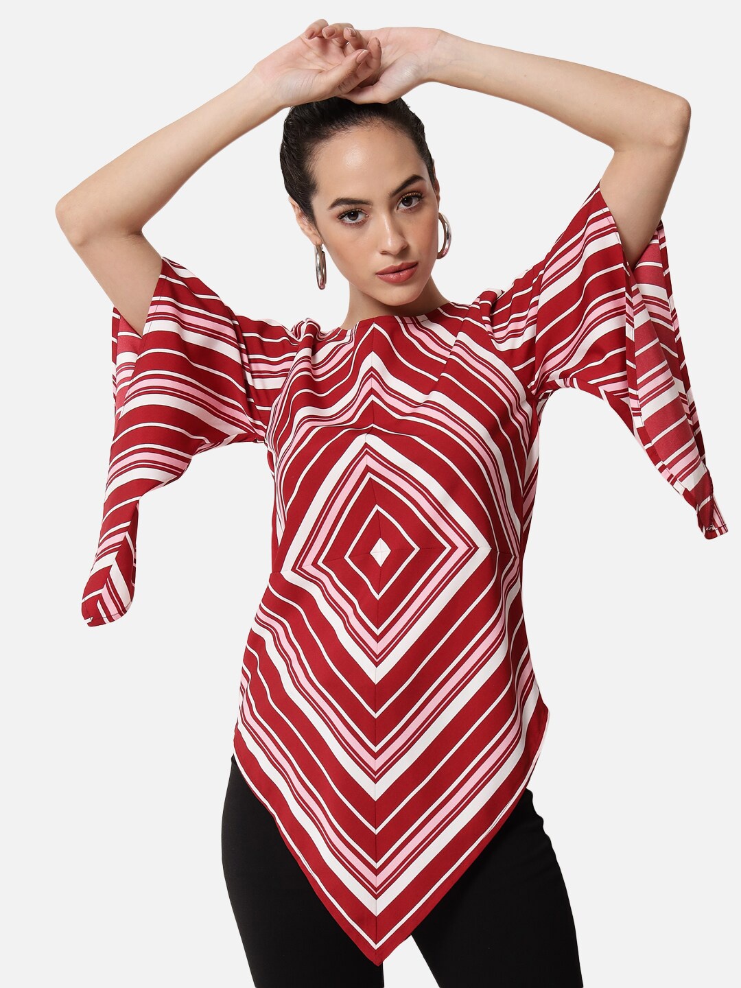 

ALL WAYS YOU Geometric Printed Batwings Sleeves Longline Top, Red