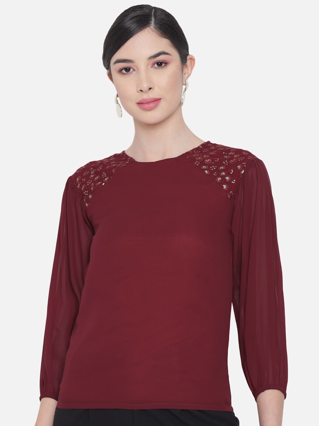 

ALL WAYS YOU Round Neck Georgette Top, Maroon
