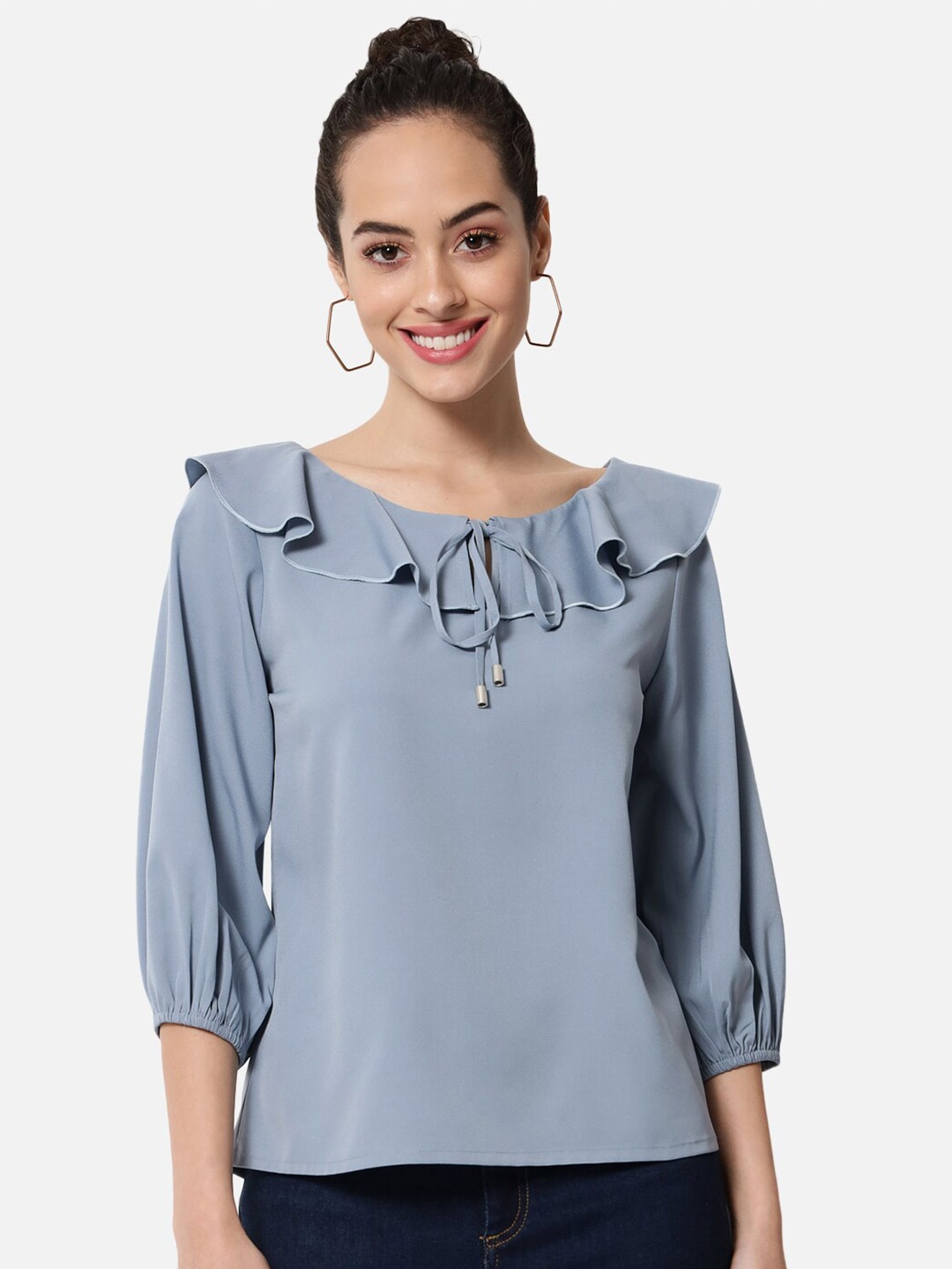 

ALL WAYS YOU Tie-Up Neck Puffed Sleeves Top, Blue