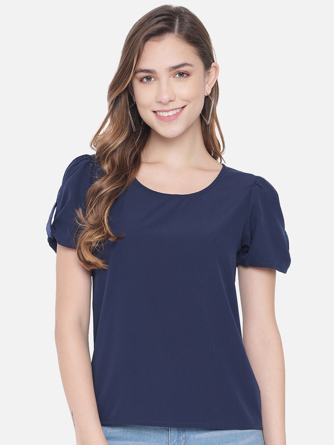 

ALL WAYS YOU Round Neck Roll-Up Sleeves Top, Navy blue