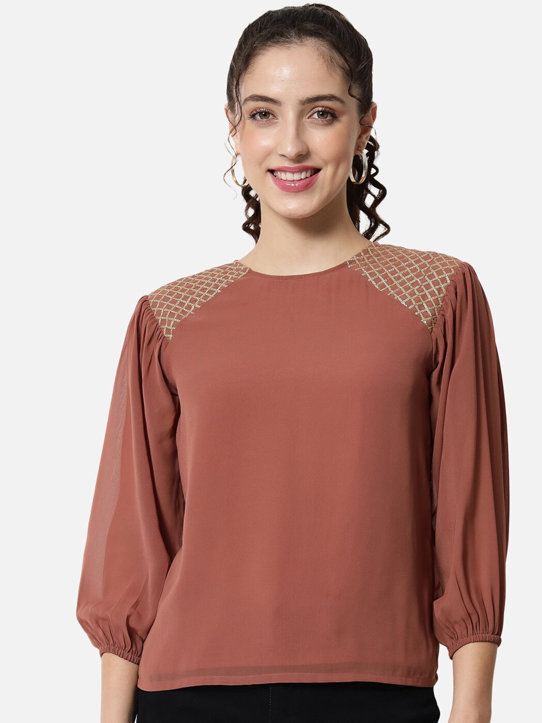 

ALL WAYS YOU Round Neck Puffed Sleeves Top, Brown