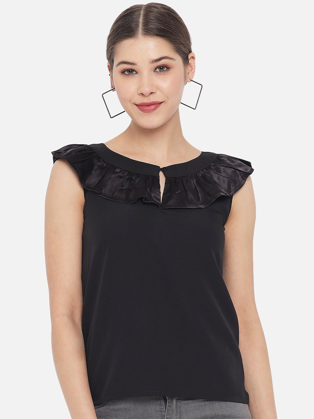 

ALL WAYS YOU Keyhole Neck Sleeveless Ruffled Top, Black