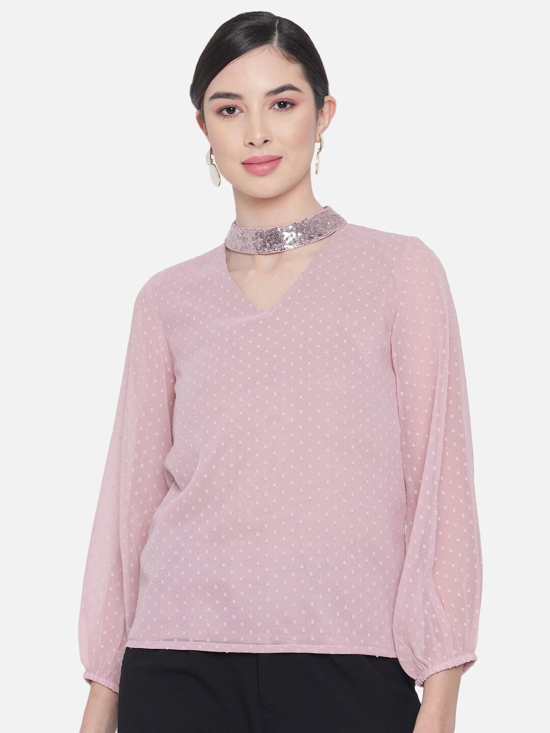 

ALL WAYS YOU Self Designed Choker Neck Puffed Sleeves Top, Pink