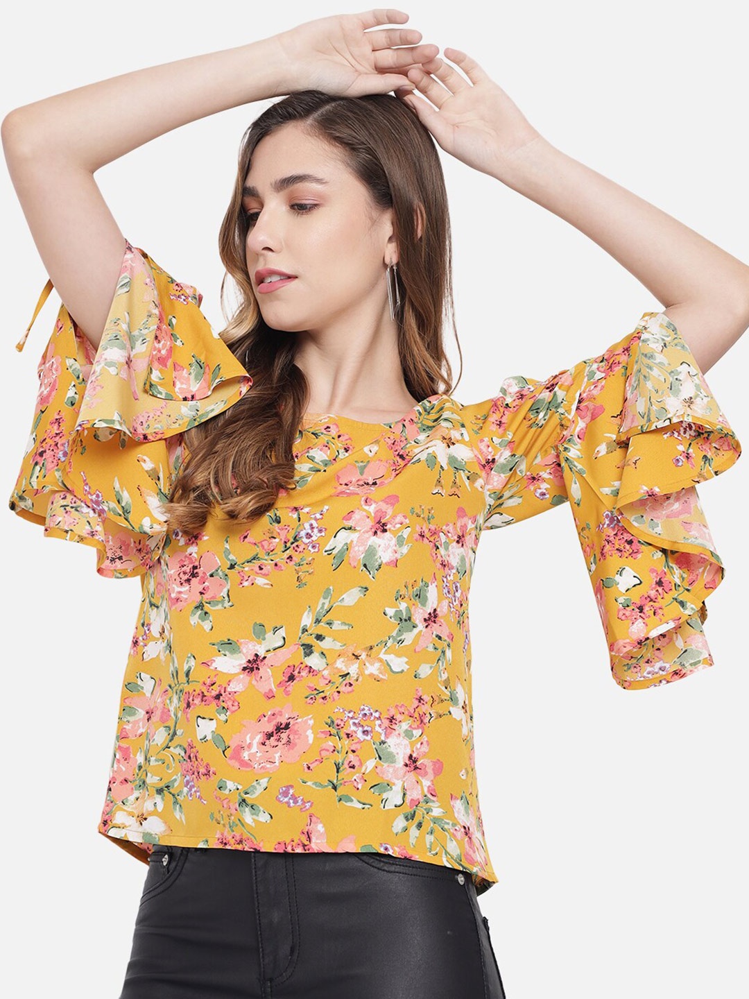 

ALL WAYS YOU Floral Printed Flared Sleeves Top, Yellow