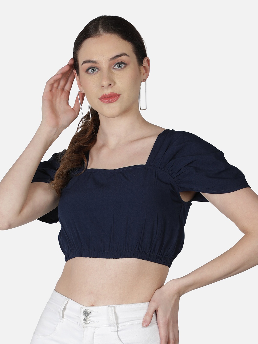 

ALL WAYS YOU Puff Sleeve Blouson Crop Top, Navy blue