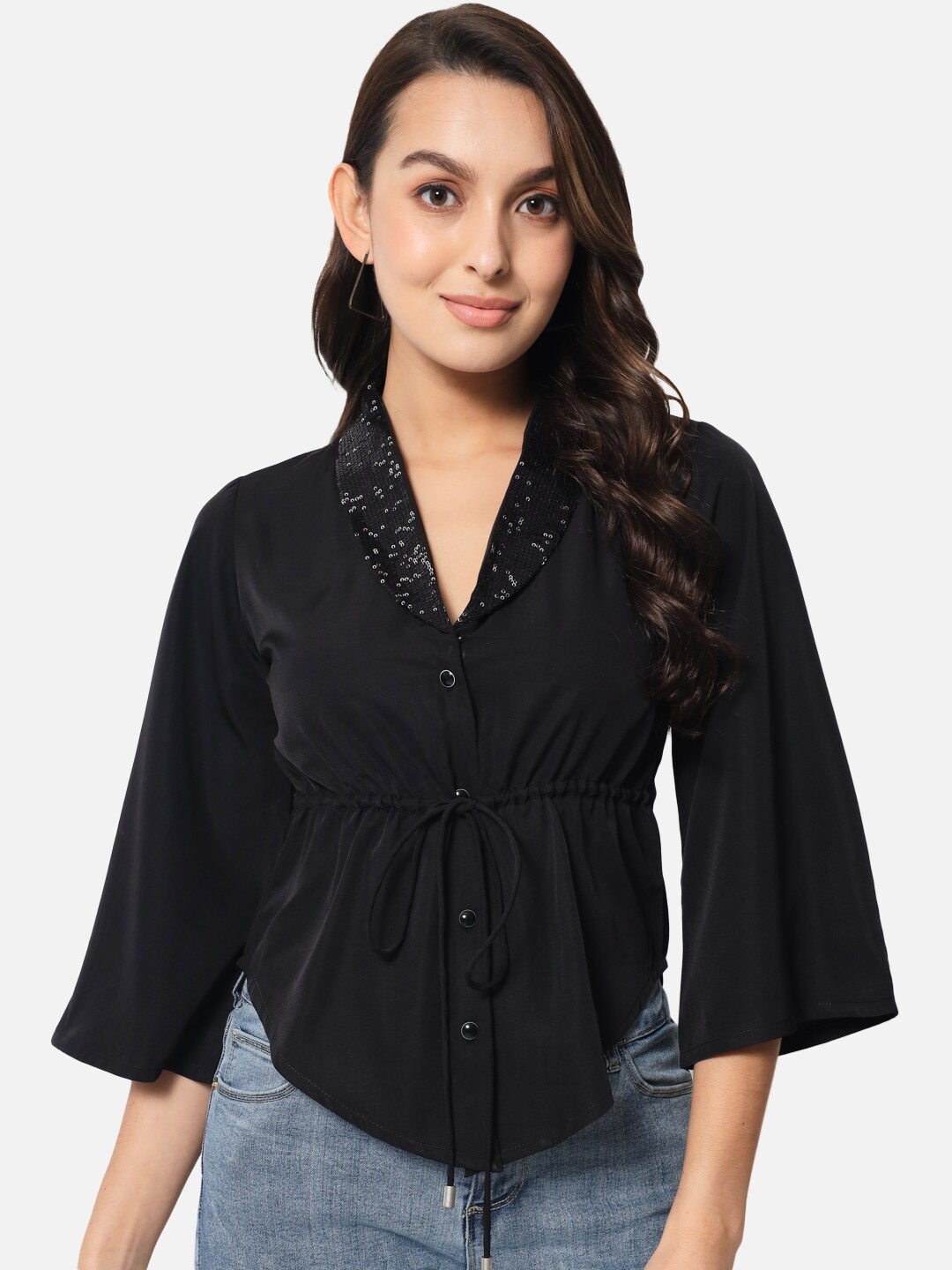 

ALL WAYS YOU Flared Sleeve Sequinned Cinched Waist Top, Black