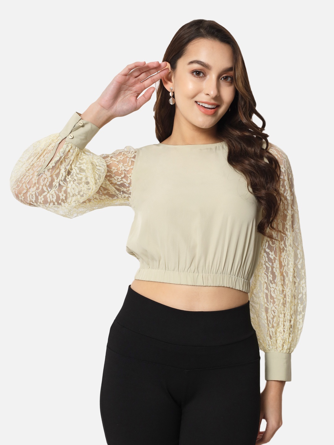 

ALL WAYS YOU Cuffed Sleeves Crop Top, Beige