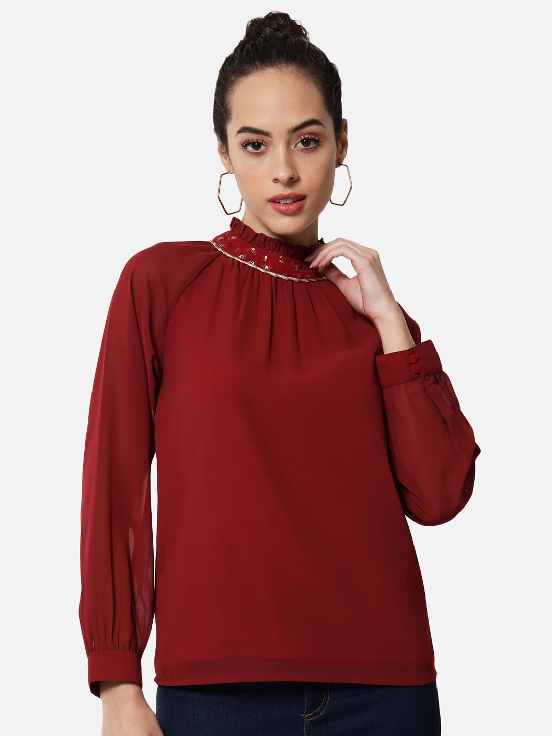 

ALL WAYS YOU High Neck Cuffed Sleeves Top, Red