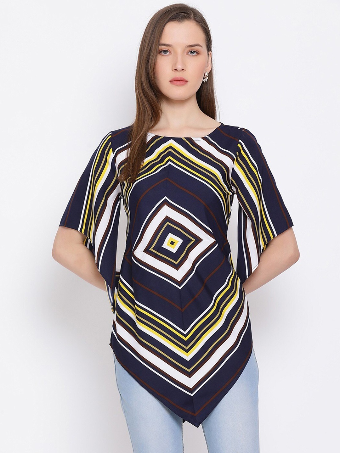 

ALL WAYS YOU Geometric Printed Batwings Sleeves Longline Top, Navy blue