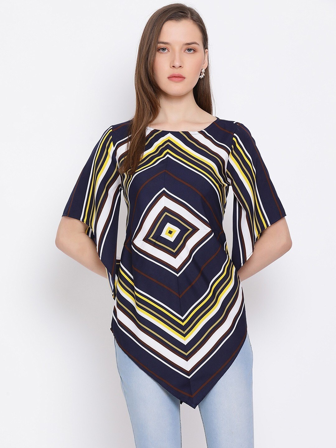 

ALL WAYS YOU Geometric Printed Batwings Sleeves Longline Top, Navy blue